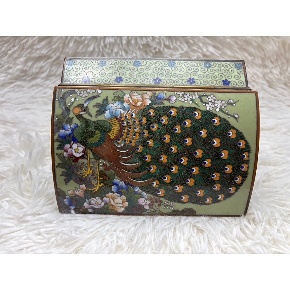 Vintage Cloisonne Enamel Peacock Trinket Box Floral Hinged Jewelry Case Green